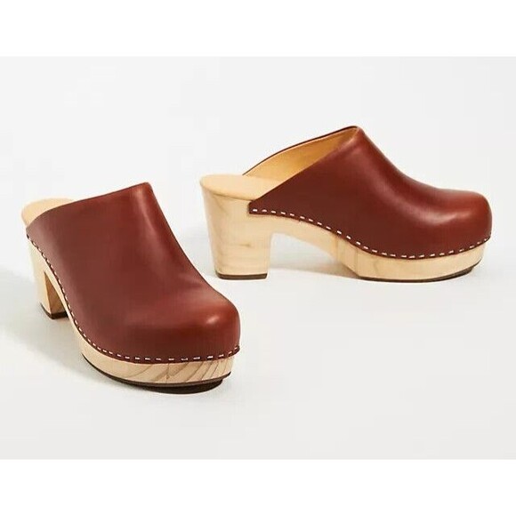Nisolo Leather Closed Toe Slip On Wooden All Day Mule Heeled Clog BRANDY‎ - Picture 6 of 7